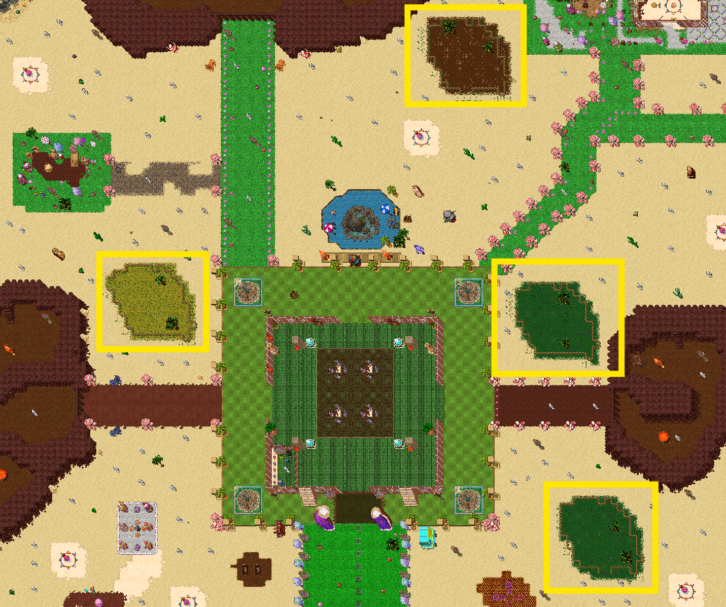 Mapa com os 4 campos de entrega destacados em amarelo